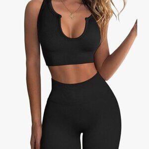 QINSEN Women's Ribbed Yoga Set 2 Piece Workout Bra & Leggings Black S